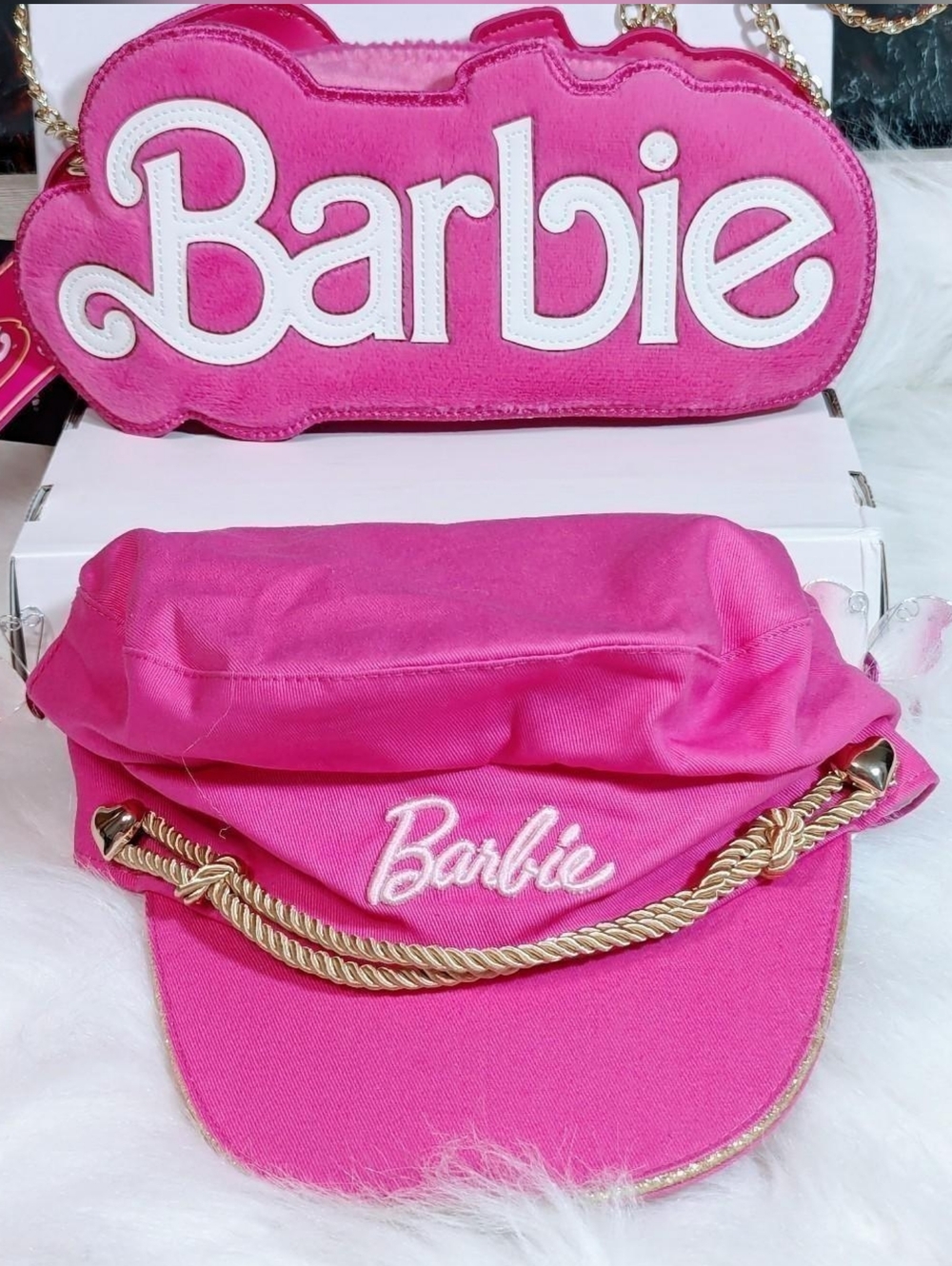 💕 Barbie Logo Fuzzy Mini Crossbody Bag and matching hat set